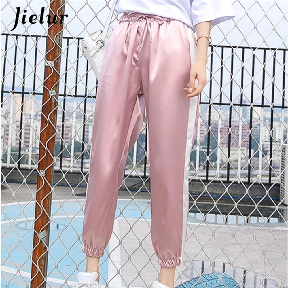Pink and White Contrast Trim Sweatpants